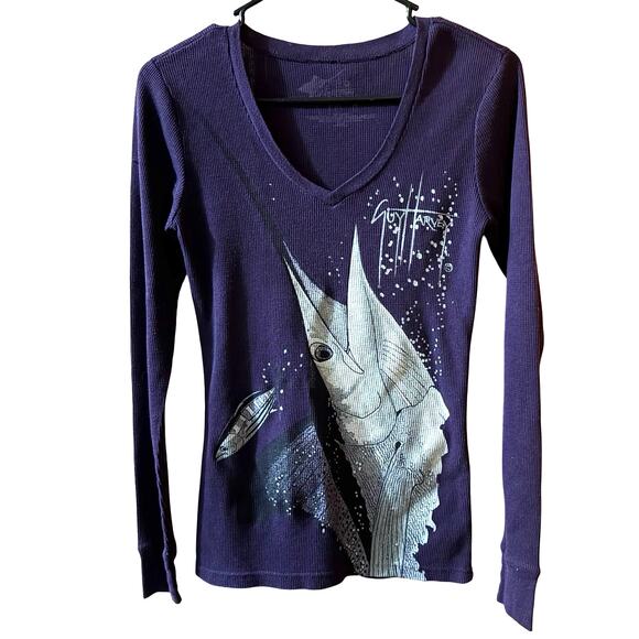 Guy Harvey Purple Marlin Graphic Thermal Top Womens M Long Sleeve Ocean Art - Picture 1 of 4